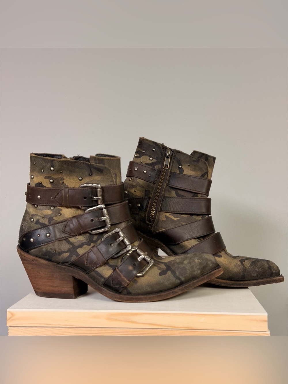 LIBERTY Black Camouflage Leather Buckle Ankle Boots in Olive Brown